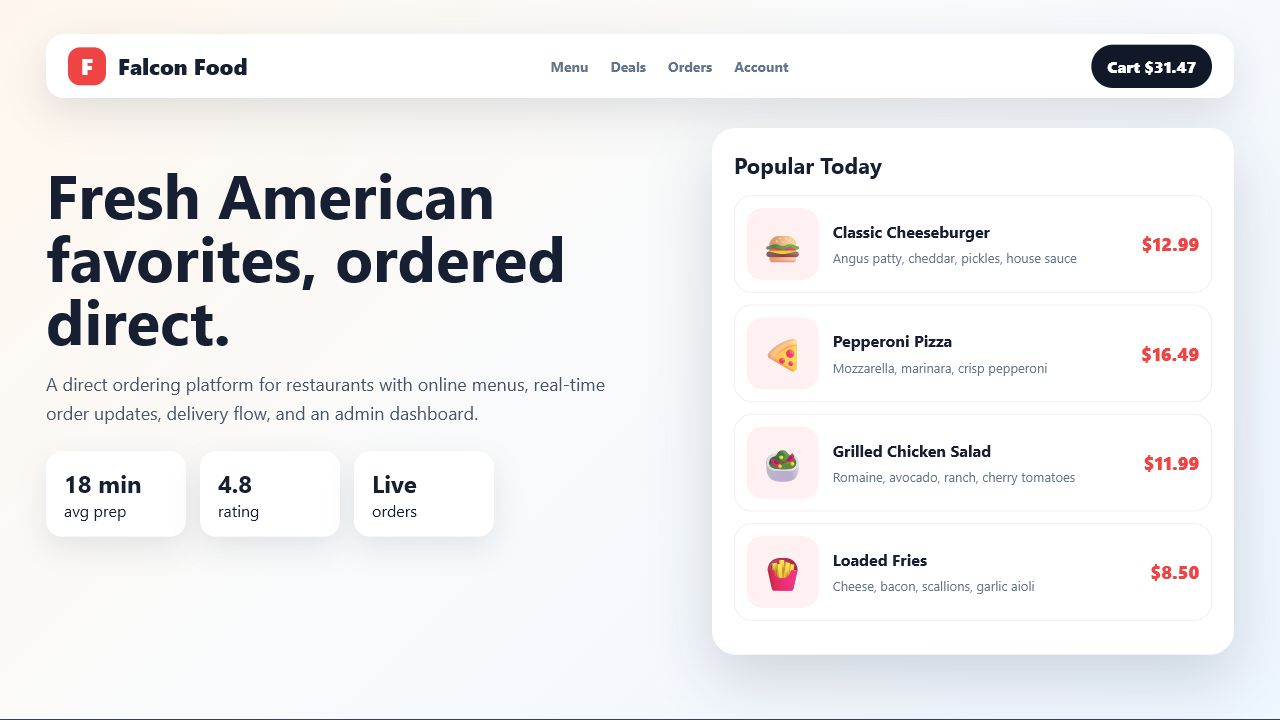 Falcon Food customer ordering screen